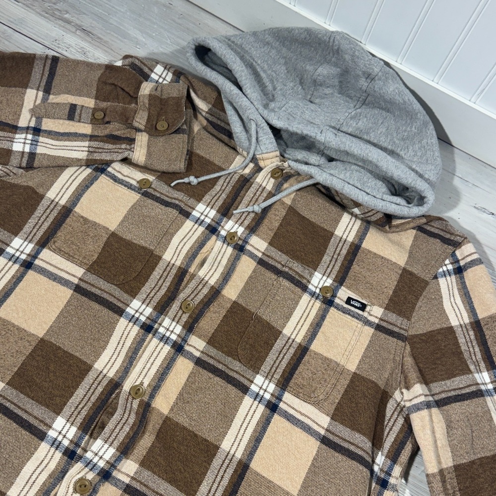 Vans Hooded Flannel Shirt Jacket L Brown Tan Plaid Classic Fit Shacket Hoodie